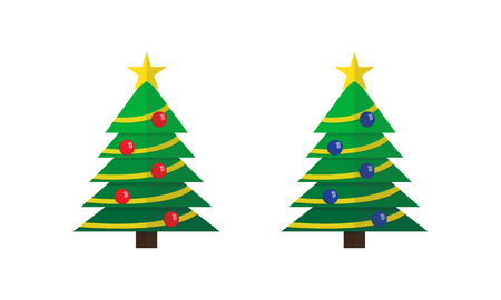 Decorated Christmas trees with star and balls setの写真素材