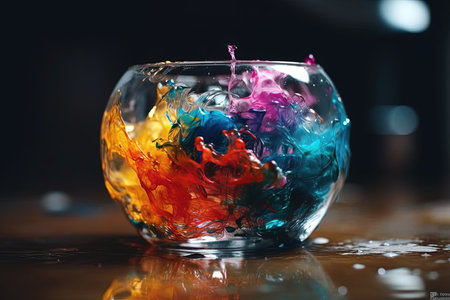 A glass bowl of colorful liquid in motionの素材