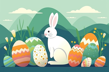 Easter eggs and cute bunny in the grass. Egg hunt. Easter celebration of spring. Illustration. AI generated.の素材
