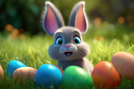 Easter eggs and cute bunny in the grass. Egg hunt. Easter celebration of spring. 3D rendering. AI generated.の素材