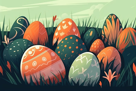 Cartoon Easter eggs on meadow green grass. Spring season. Painted and decorated eggs.の素材