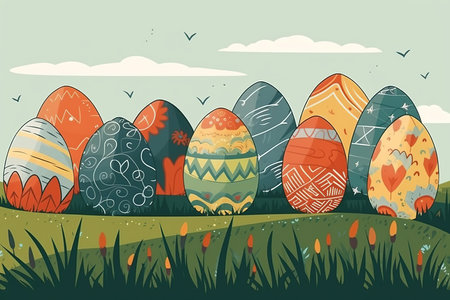 Cartoon Easter eggs on meadow green grass. Spring season. Painted and decorated eggs.の素材