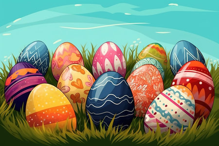 Cartoon Easter eggs on meadow green grass. Spring season. Painted and decorated eggs.の素材