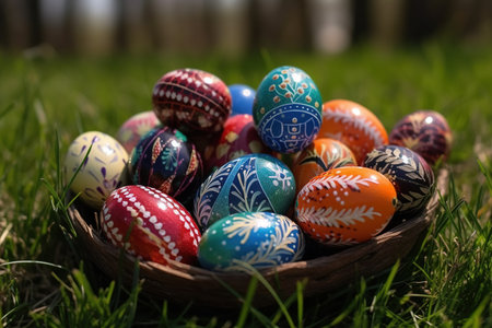 Cartoon Easter eggs on meadow green grass. Spring season. Painted and decorated eggs.の素材