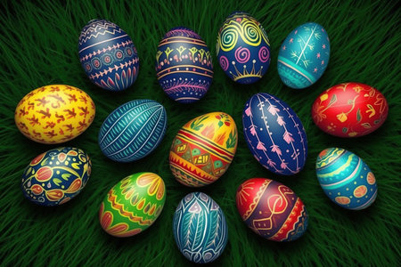 Cartoon Easter eggs on meadow green grass. Spring season. Painted and decorated eggs.の素材