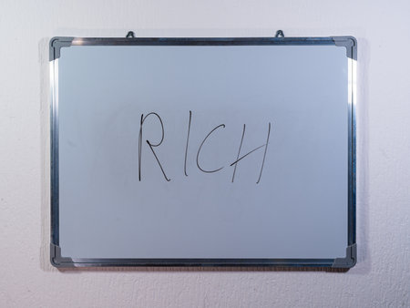 Whiteboard showing RICH concept on clean white wall background representing wealth, success and financial freedomの写真素材