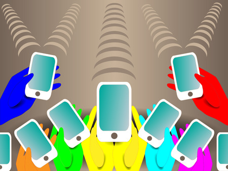Background with colored mobile phones in the hands ofのイラスト素材