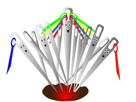 Merry needle with colored threads in needle cases, smiling, alive with eyesのイラスト素材