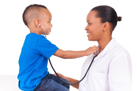 African american woman doctor with child isolatedの写真素材