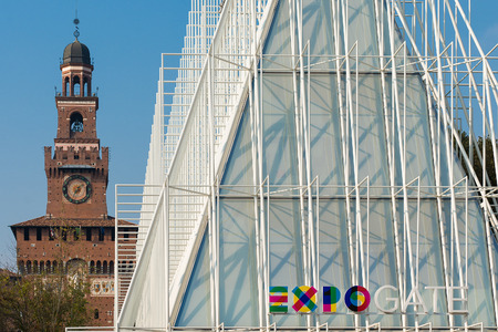 29 October 2014: Expo Gate, near Castello Sforzesco to Milan Italy. Ready for expo 2015.のeditorial素材