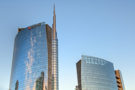 17 April 2014: New area porta nuova to Milan Italy. Immediately following completed of the works by the modern name of the "Porta nuova" with the detail of the tower Unicredit. Ready for expo 2015.のeditorial素材