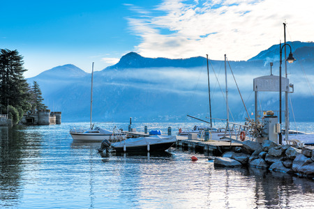 Dock boats at Lake Como Italyの写真素材