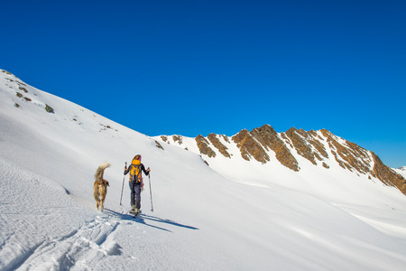 Girl makes ski mountaineering with dog.