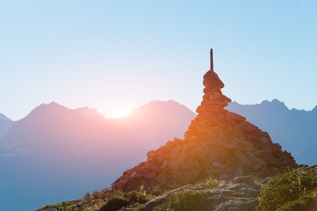 Mark of the right path in the high mountainsの写真素材