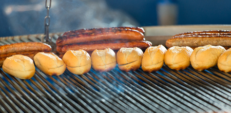 Sandwiches with sausages wurstelon the gridの写真素材