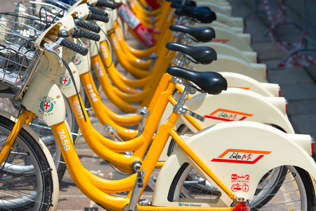 MILAN, ITALY - JUNE,1, 2016:  Bicycle commonly used in the appropriate spaces of retreat and hand overのeditorial素材