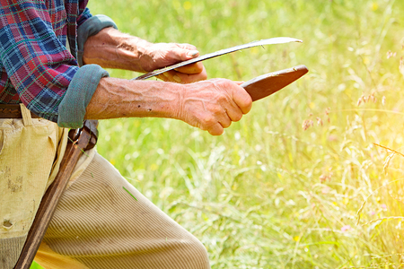 Farmer with beard sharpening his scythe for using to mow the grass traditionallyの写真素材