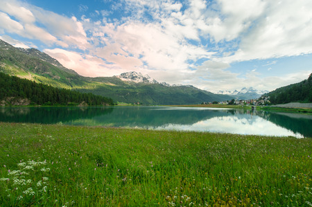 view of a mountain lake in Engadin valleyの写真素材