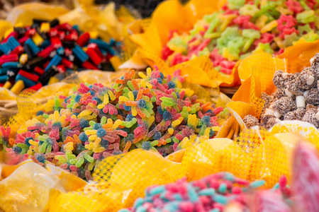 Assorted colorful candies at street marketsの写真素材