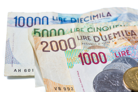 Banknotes from Italy. Italian lira and metal coins 10000, 5000, 2000, 1000. 100. 50. 20. 10.の写真素材