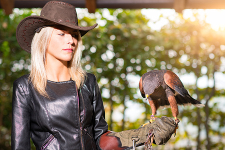 Beautiful blond woman holding an harris hawk on a protective glove.