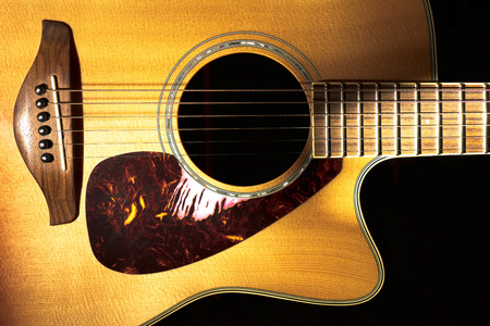 Detail of folk acoustic guitar on a black background.