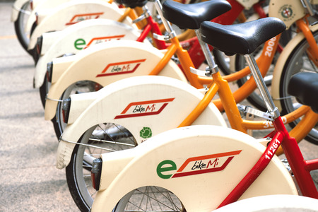 Milan Italy 30 My 2018: Bike sharing in Milan. Bicycles are available for the public transport ticket.のeditorial素材