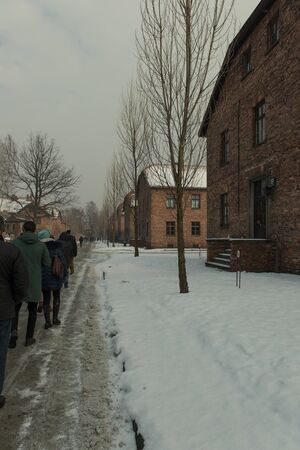 AUSCHWITZ  POLAND 02 04 15: Auschwitz Concentration Gate, visitors with a guideのeditorial素材
