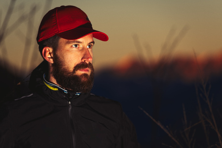 Portrait of sporty mountain man with beard.の写真素材