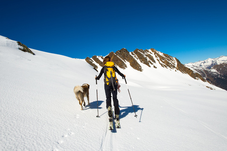 Woman with her faithful dog in the mountains during a ski mountaineering trip.の写真素材