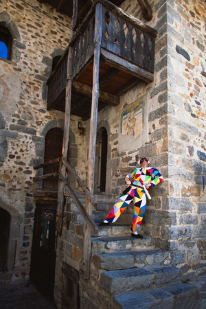 ONETA, BERGAMO, ITALY - MARCH - 30 - 2019: The mask of Arlecchino. His home of Oneta. Valle Brembana. Bergamo. Italyのeditorial素材