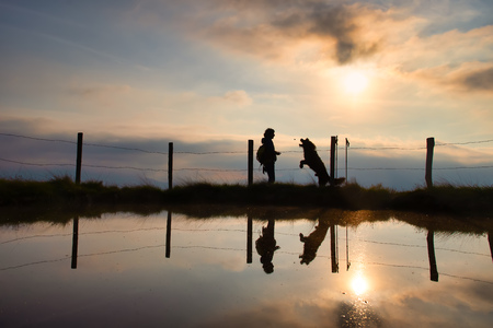A woman gives a cookie to her dog during a walk in the mountains at sunsetの写真素材