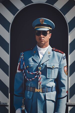 Prague, Czech Republic - 5 September 2019:  Guard in the sentry box of the Prague castle