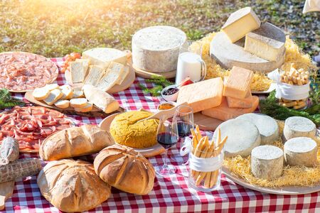 Outside table with typical products of the Bergamo mountainsの写真素材