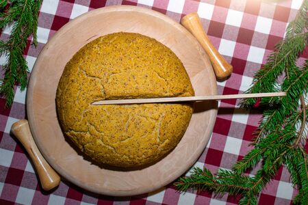 Polenta from Bergamo on table with checkered tableclothの写真素材