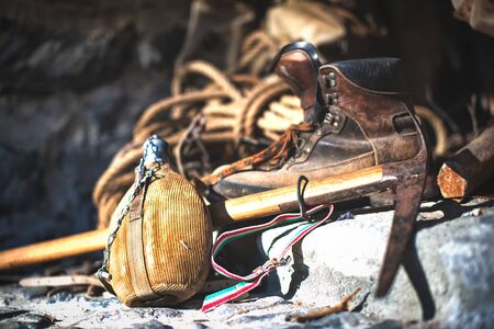 Old water bottle and ancient mountaineering materialの写真素材