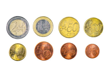 All eight euro coins on a white background