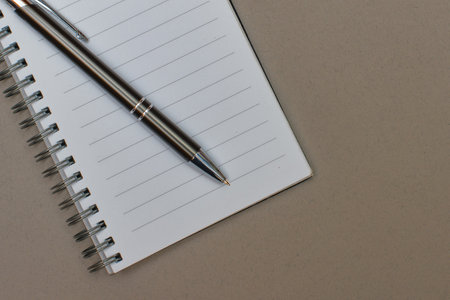 A notebook with a blank page and a pen resting on it On sand-colored matte cardboard