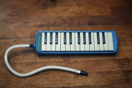 Wind instrument with keyboard la melodica on wooden tableの写真素材