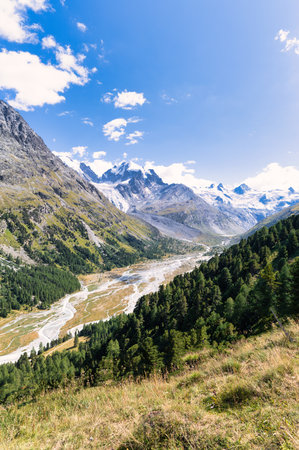 Vertical landscape in Roseg Engadine valley Switzerlandの写真素材