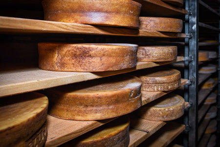 Forms of very mature Bergamo cheese from northern Italyの写真素材