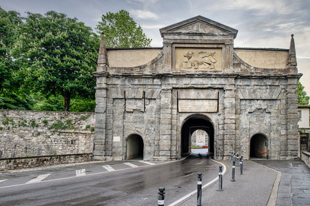 Porta Sant'Agostino entrance to the Upper Town Bergamo Italyの写真素材