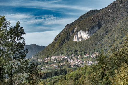 The town of Cornalba with its rock cliff Bergamo Italyの写真素材