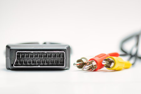 Scart socket with video to audio cable on white backgroundの写真素材