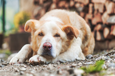A clear dog on the ground on a farm