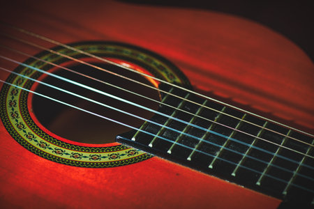 Detail of nylon strings of a classical guitar on neutral background