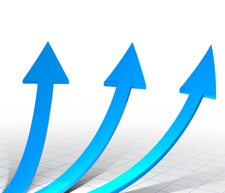 3d image of three raising arrows on a grid floorの写真素材