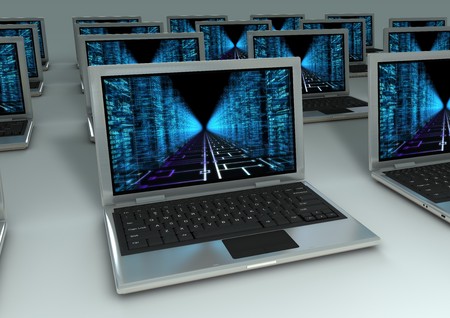 3d image of Closeup of Laptops with matrix stile wallpaperの写真素材