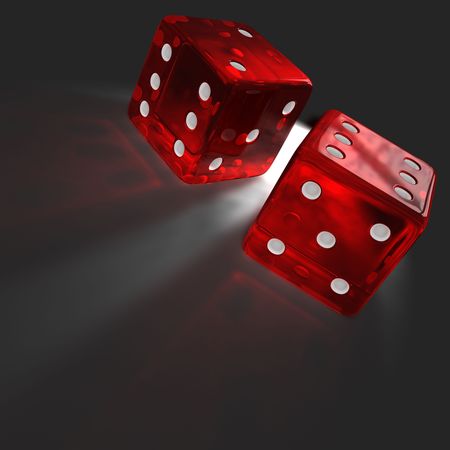 Two red Transparent dices with caustics effect on the floor