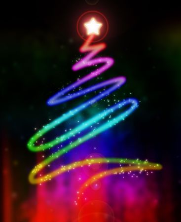 Abstract illustration of a glowing and colorful Christmas treeの写真素材
